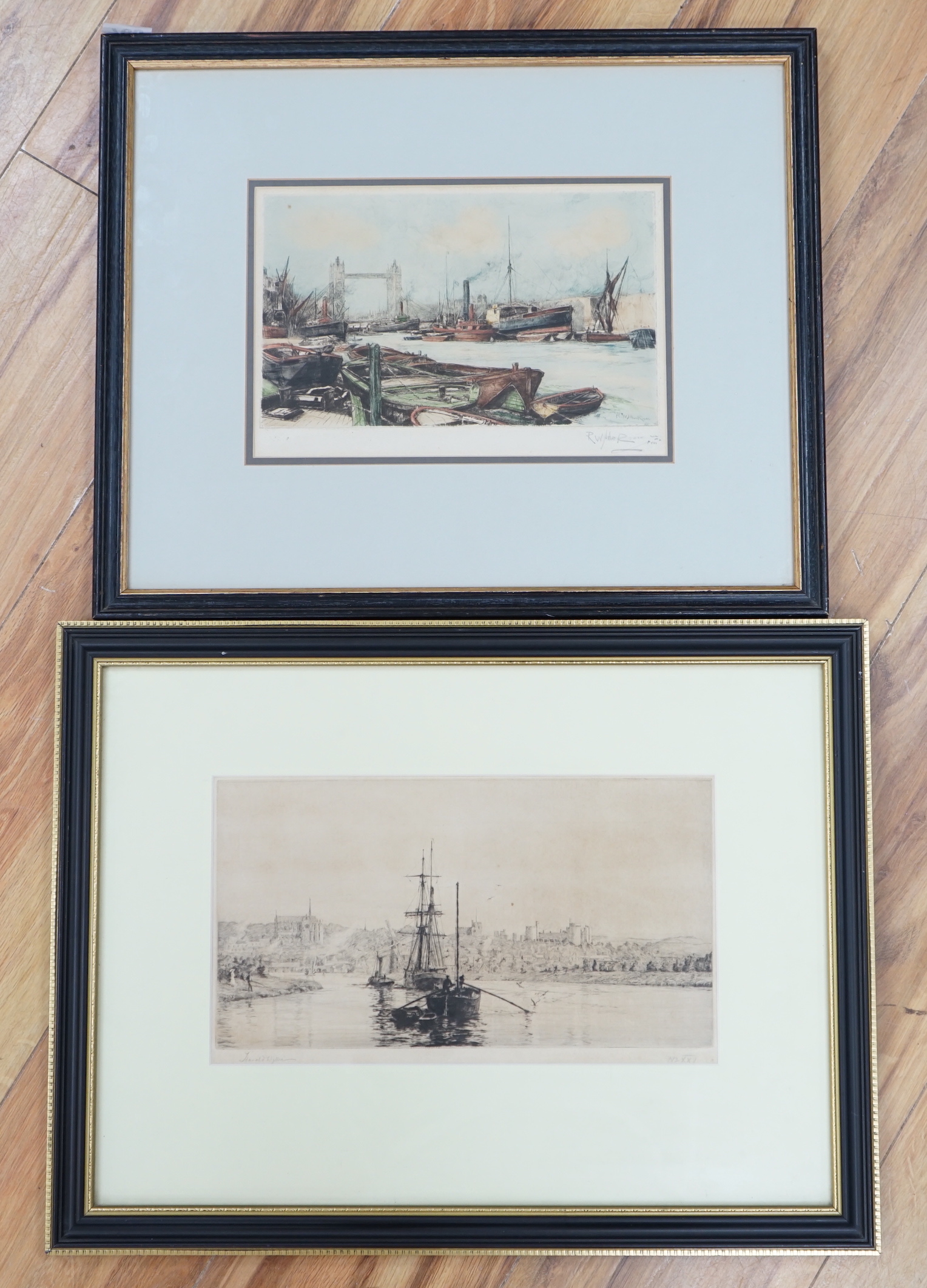 Harold Wyllie (1880-1973) etching, River boats and sailing ship, pencil signed and numbered XXI together with Robert William Arthur Rouse (1867-1951) colour etching, Tower Bridge, pencil signed, largest 16 x 31cm